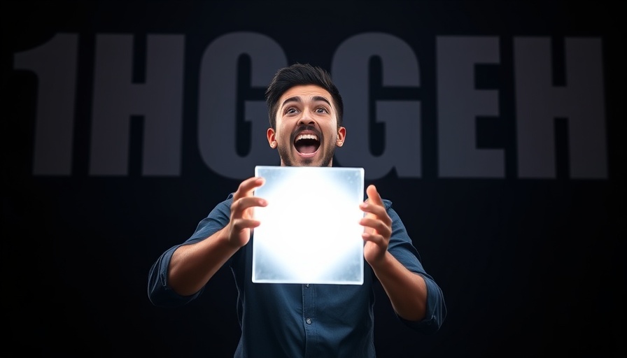 Enthusiastic man with glowing cube, AI video generation technology.