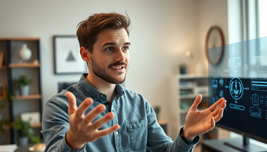 Young man discussing AI resume analysis system in home office.