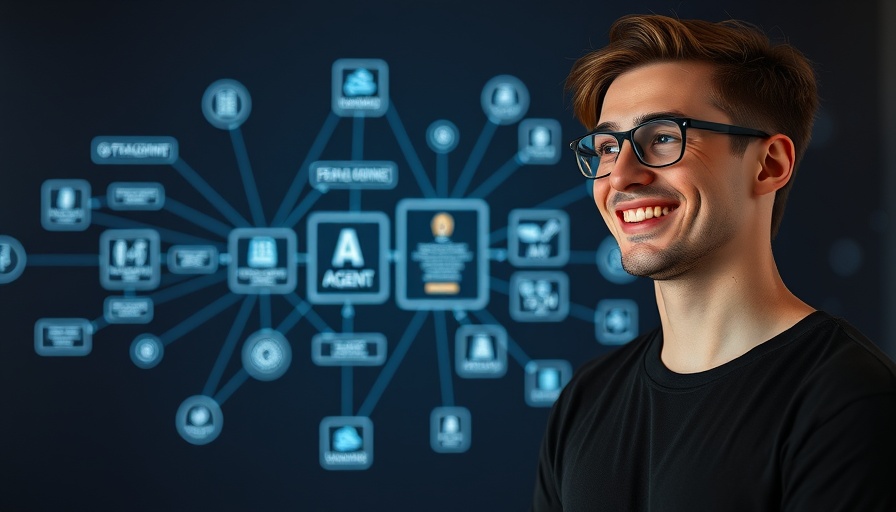 Smiling presenter with AI workflow diagram for building a research AI agent
