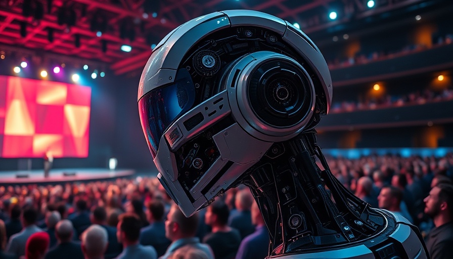 Futuristic robotic head with intricate designs, speaker discussing open source AI models in a large auditorium.