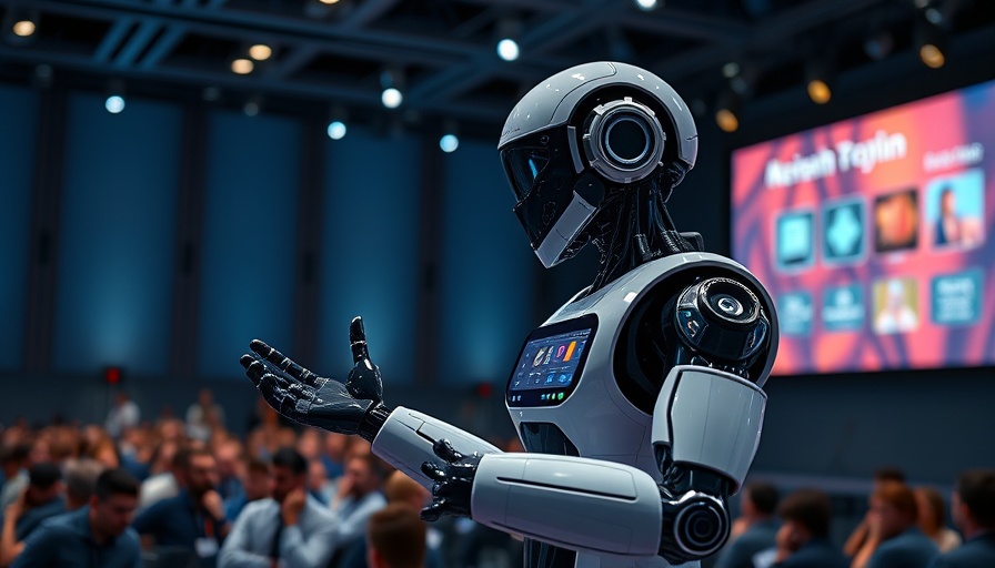 Futuristic humanoid robot presenting AI Operating System for Business on stage.