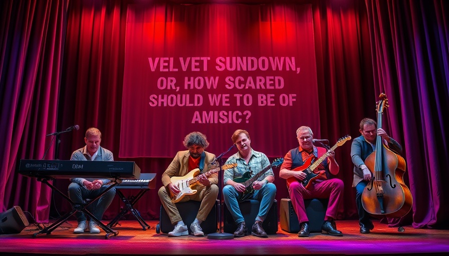 Musicians on stage with AI music theme backdrop