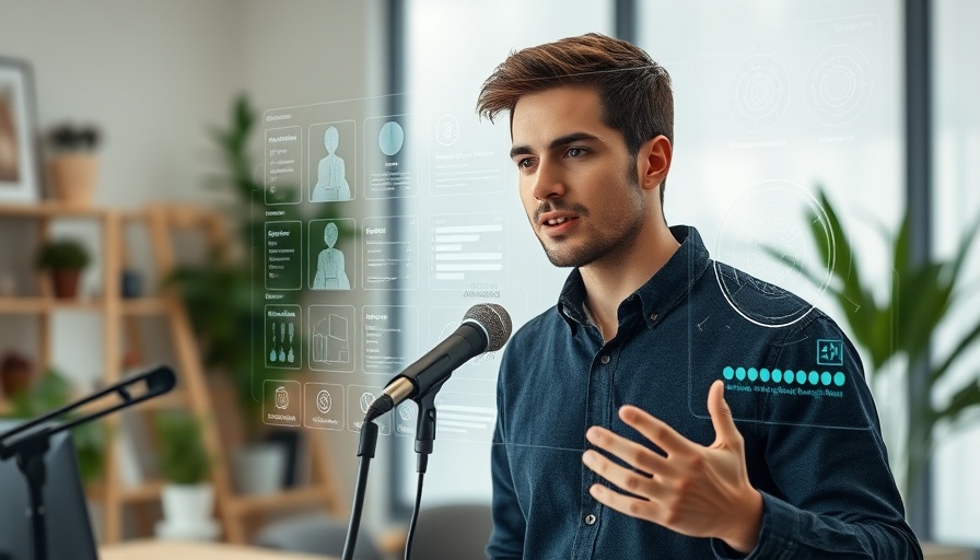 Young man discussing AI parameters in modern office setting.