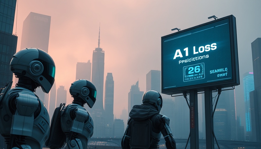 Futuristic AI job loss predictions billboard with robots and people.