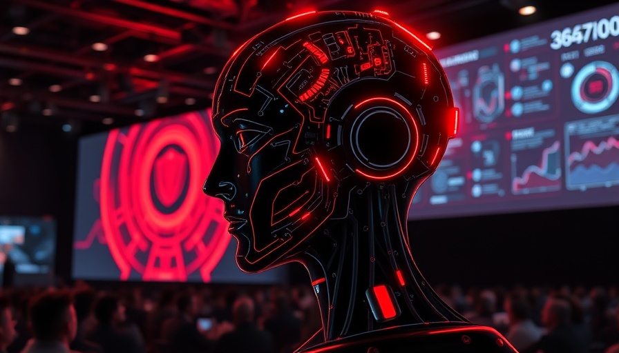 Futuristic AI head on screen during tech presentation in dark room.