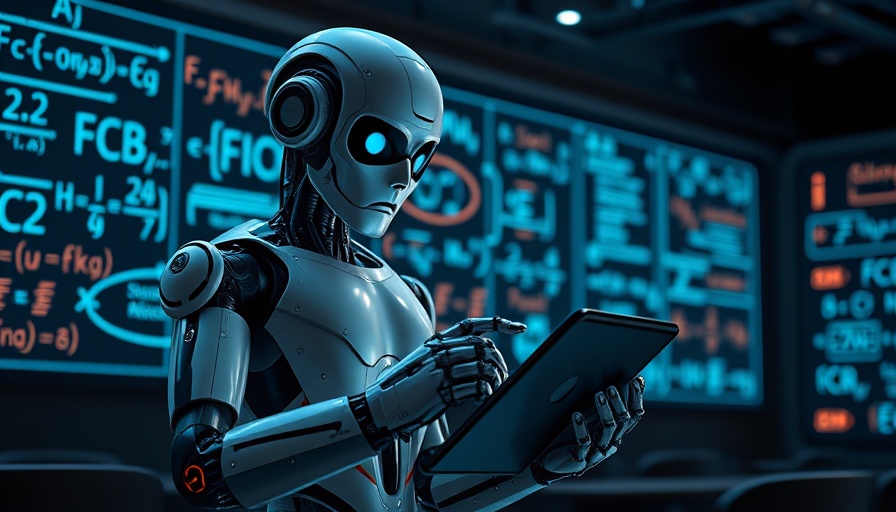 Futuristic robot immersed in ai science with glowing formulas.