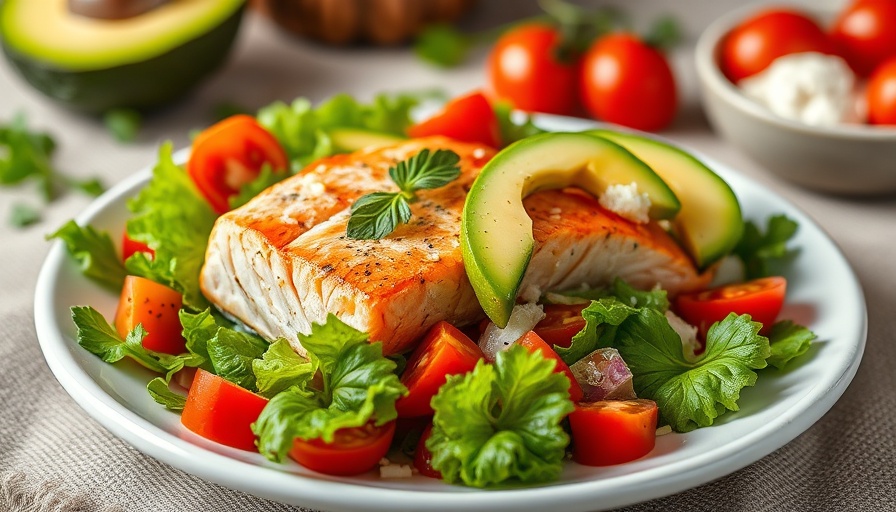 Healthy fats in diet: Salmon salad with avocado and tomatoes.