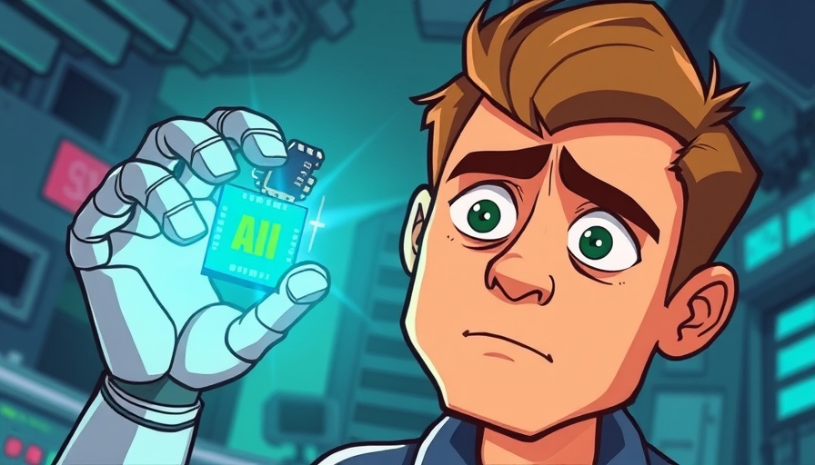 AI reviews cartoon with robotic arm and worried man, bold colors.