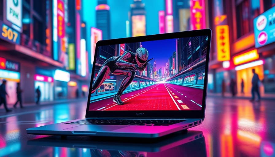 Futuristic laptop screen displaying cybernetic sprint scene, free AI video generator.