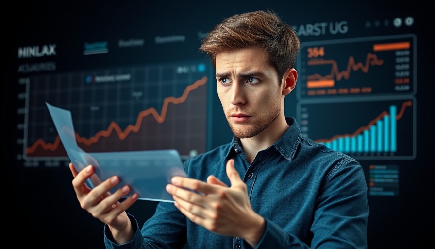 Confused young man analyzing AI marketing graph data