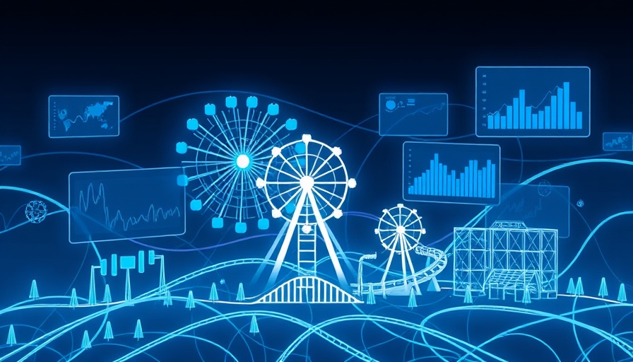 AI technology amusement park experience interface with graphs and maps.