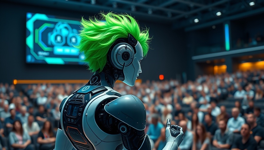 Futuristic android presenting at tech event, AI marketing software focus.