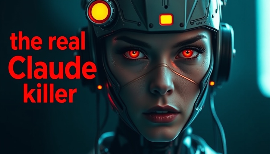 Futuristic cyborg woman image with bold text about AI coding tool.