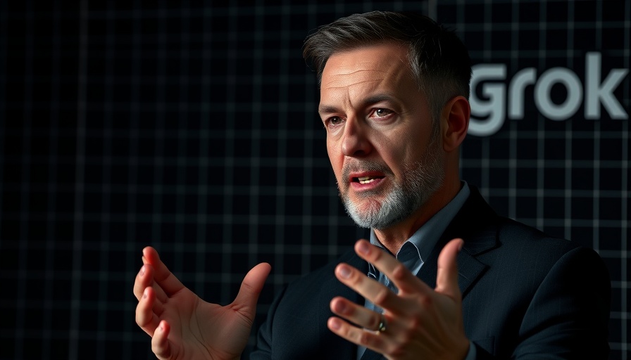 Man in a suit speaking under Grok logo with black grid background.