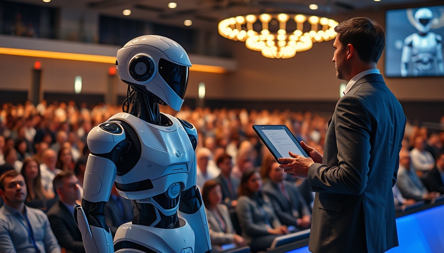 A conference featuring futuristic autonomous AI robots on stage.