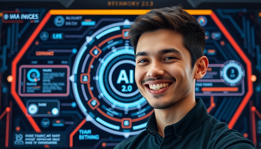 AI Memory 2.0 concept with smiling young man and digital interface.