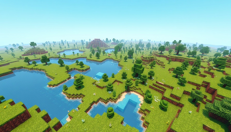 Pixelated landscape with grassy terrain, trees, and water, biggest open language model AI theme.