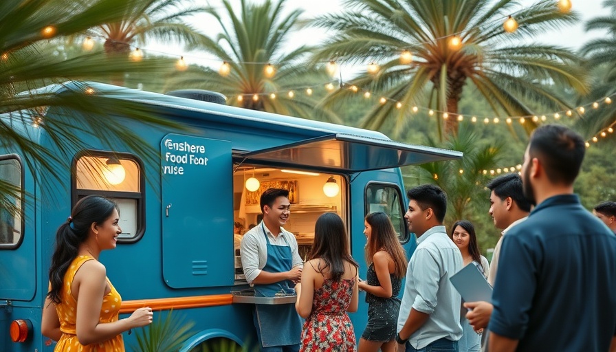 Friendly server at a food truck with customers in a park.