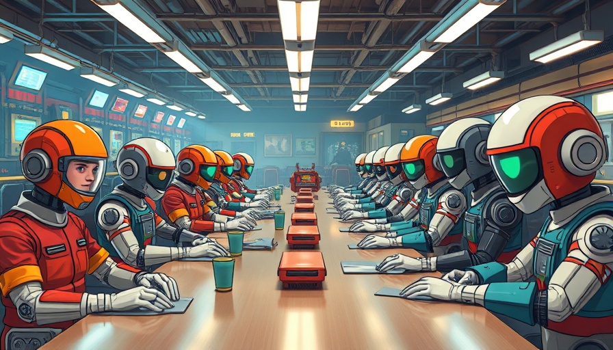 AI reviews in a retro futuristic setting with robots and workers.
