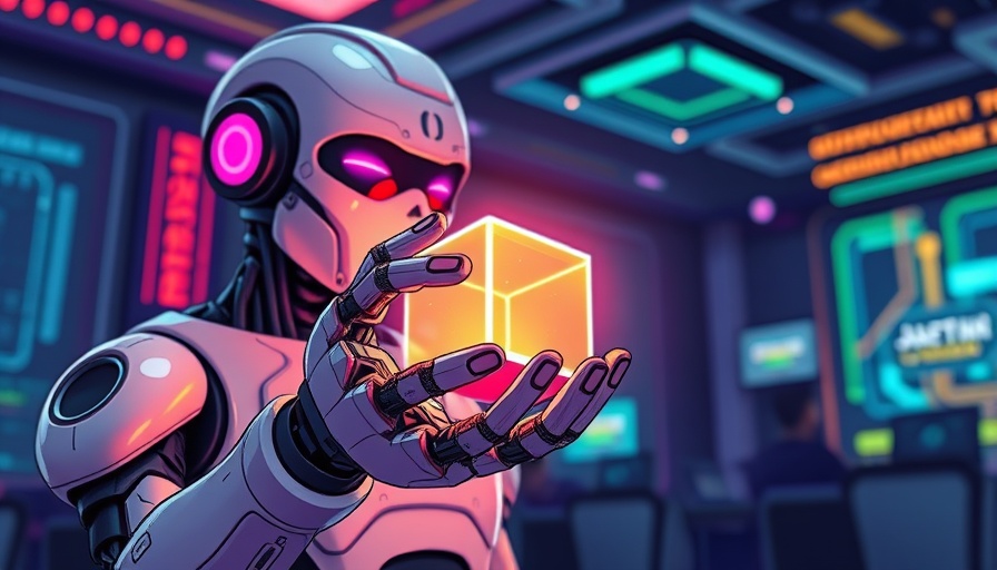 Futuristic robotic humanoid presenting cube in Apple acquisition Mistral concept art.