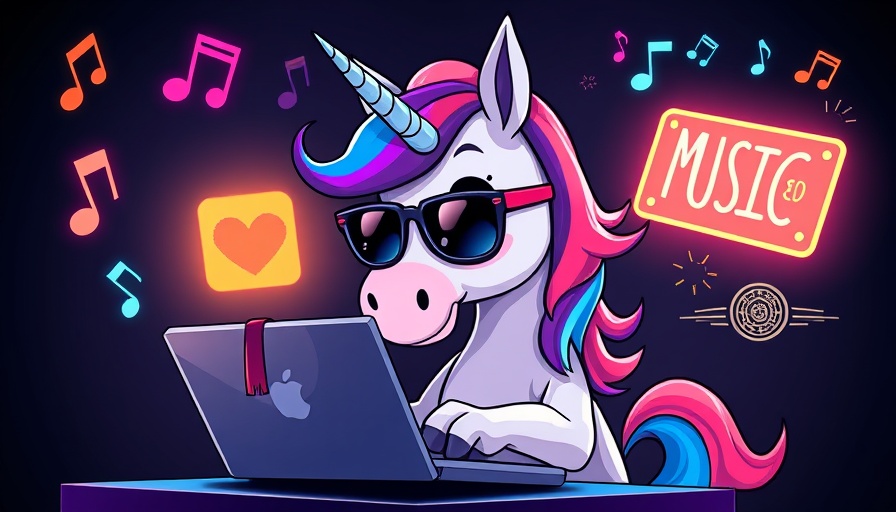 Colorful AI unicorn using a vibecoding platform laptop.