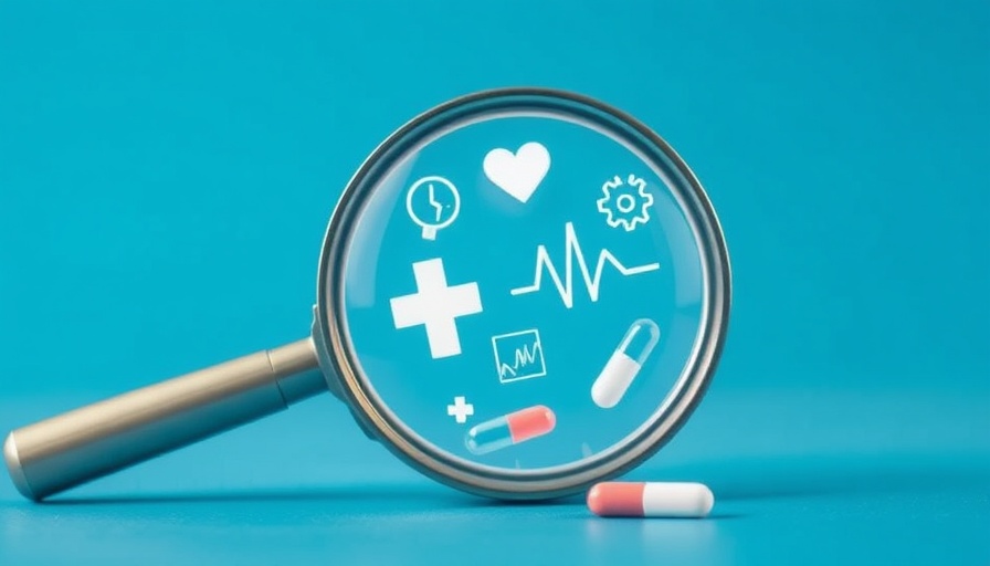 Magnifying glass over healthcare icons on blue background for AI learning in healthcare analytics.