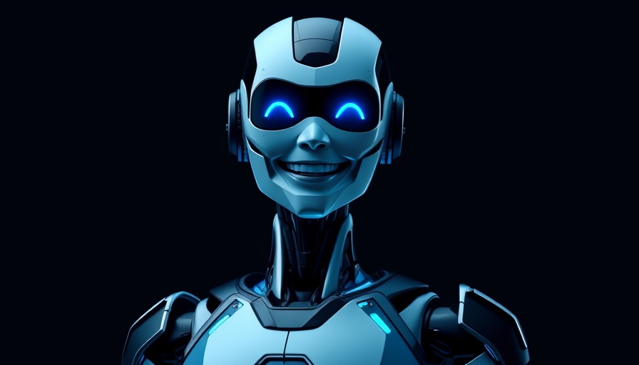 Futuristic AI robot with a joyful expression, vibrant colors.