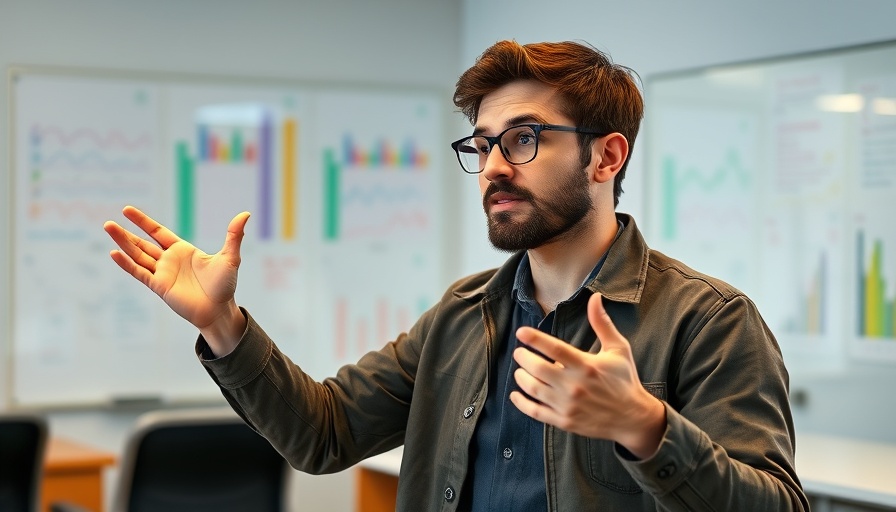 Young man discussing metadata in an office with a whiteboard.
