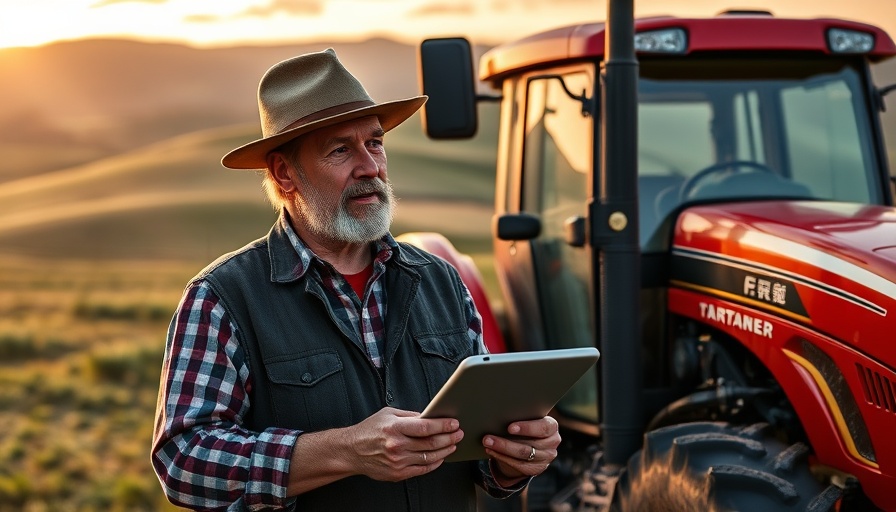 Mature farmer with tablet by tractor on farmland at sunset.