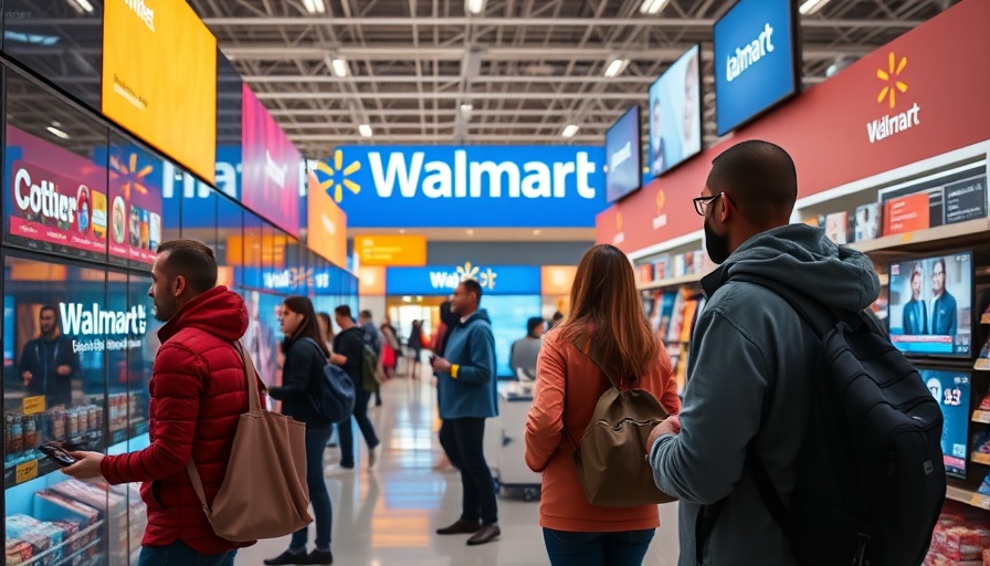 Walmart AI orchestration in futuristic store with digital displays and shoppers.