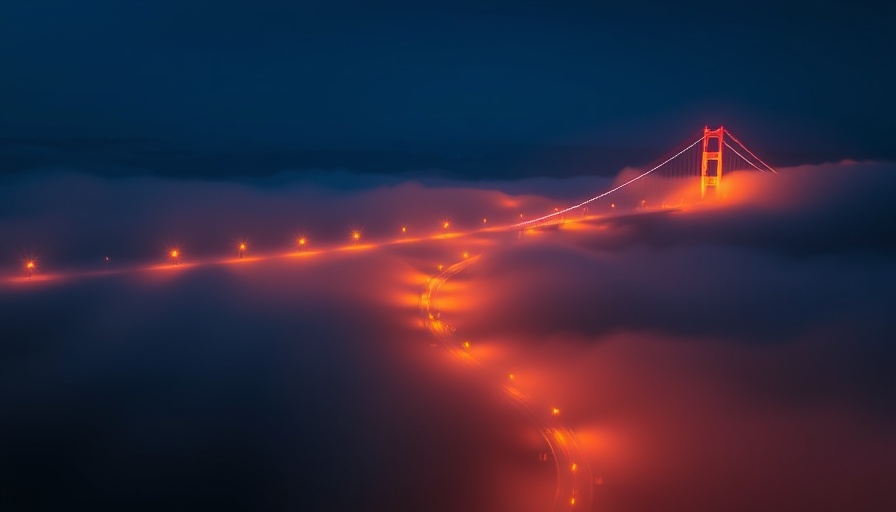 Vibrant illuminated bridge in misty night sky.