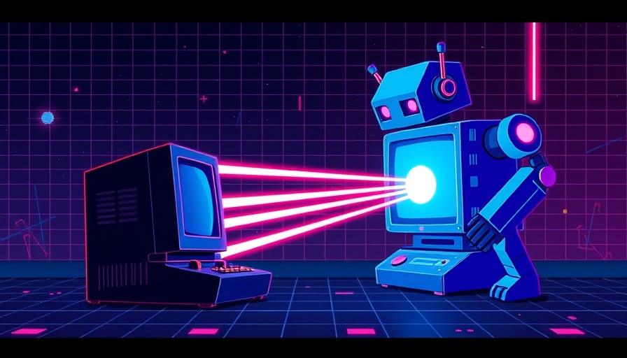 Retro AI model wars scene with computer and robot battle.