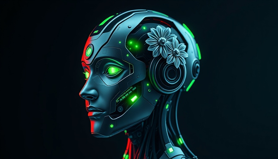 Futuristic humanoid robot with floral motif and AI marketing theme.