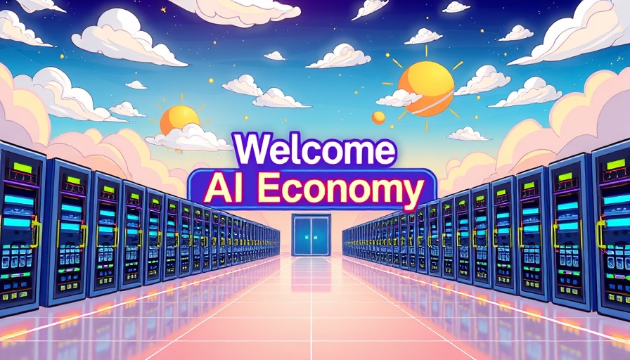 Futuristic welcome sign to the AI economy with rows of servers