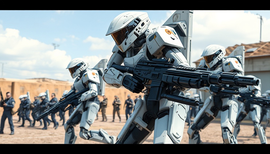 Futuristic robots training outdoors, related to AI marketing software.