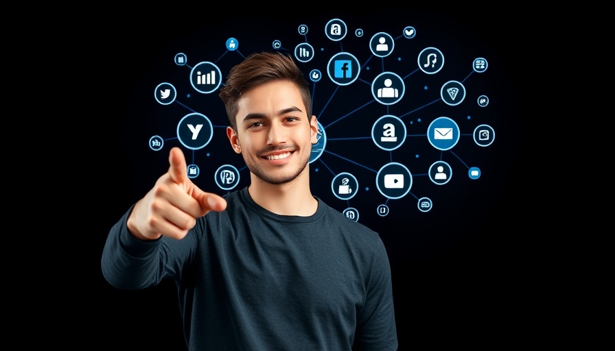 Man demonstrating auto posting to social media platforms with nine channel diagram.