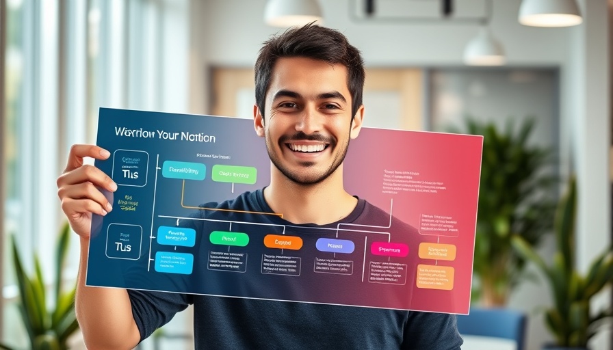 Young man with digital workflow diagram in business setting.