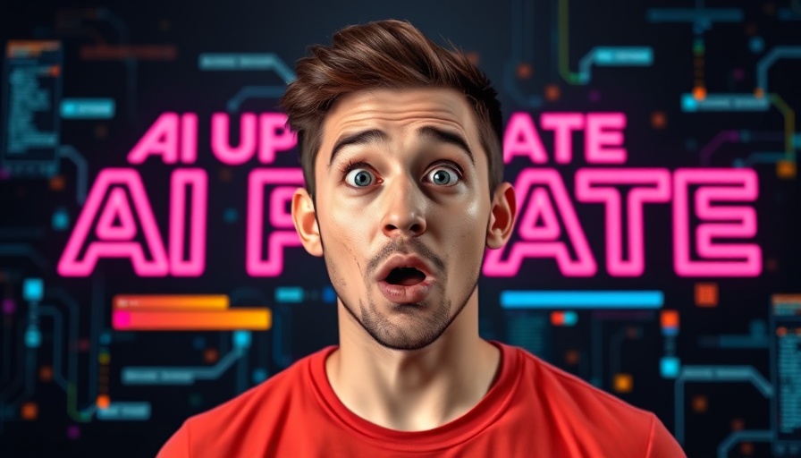 Young man surprised by AI update, digital background.
