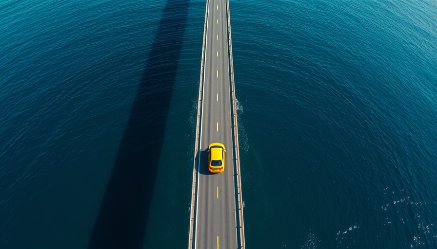 Aerial view of yellow car on a straight bridge over blue ocean.