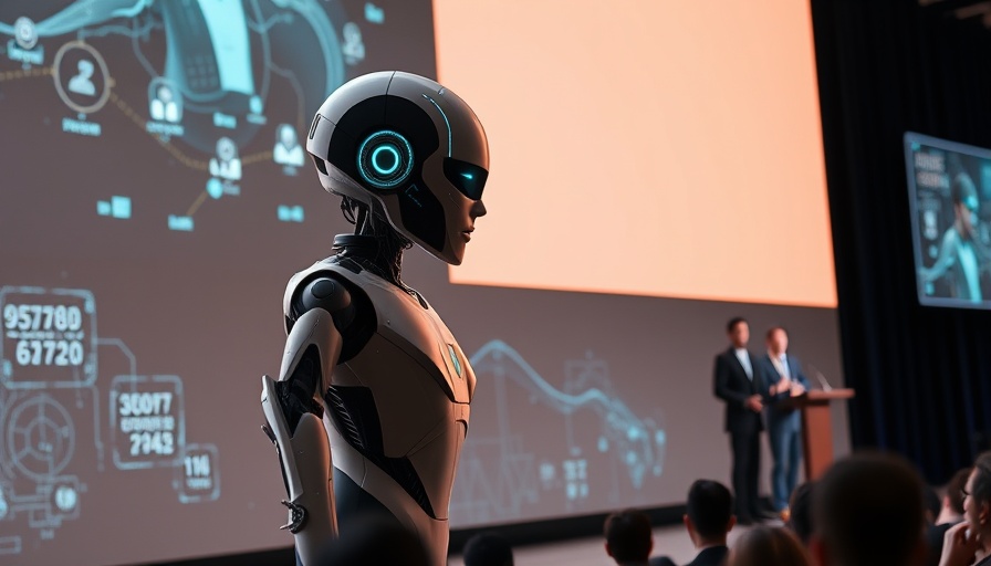 AI marketing software showcased at tech event with futuristic humanoid display.