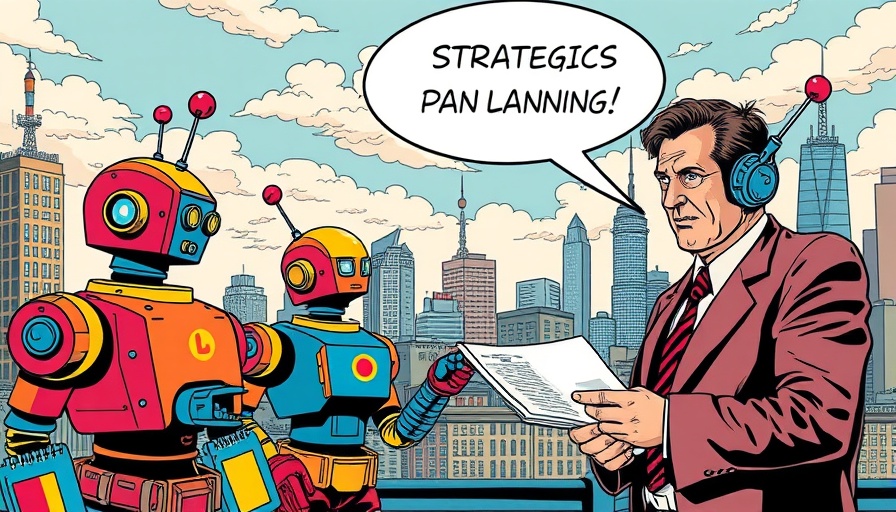Meta AI restructuring comic-style illustration with robots and businessman.