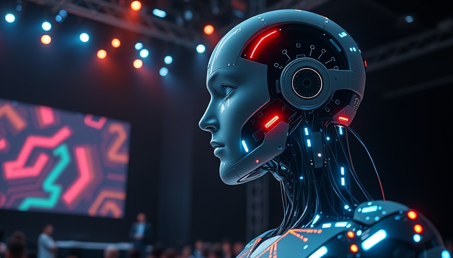 Futuristic humanoid robot with glowing circuits at tech conference.