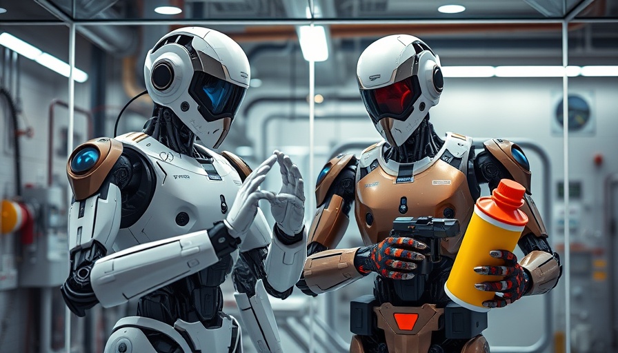 Futuristic robots demonstrating tasks in an industrial environment.