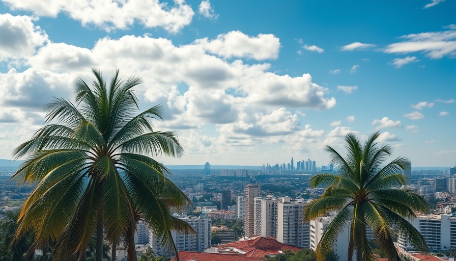 Vibrant cityscape with skyline and palm trees reflecting growth