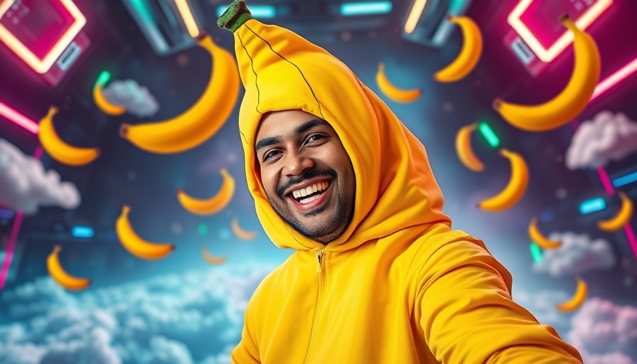 AI image generation theme with person in banana costume, digital background.