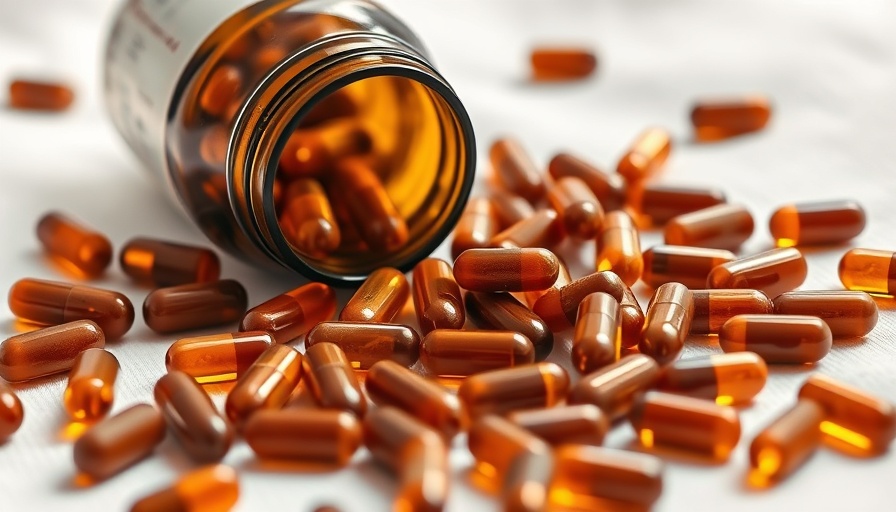 Close-up of an open supplement bottle with brown capsules.