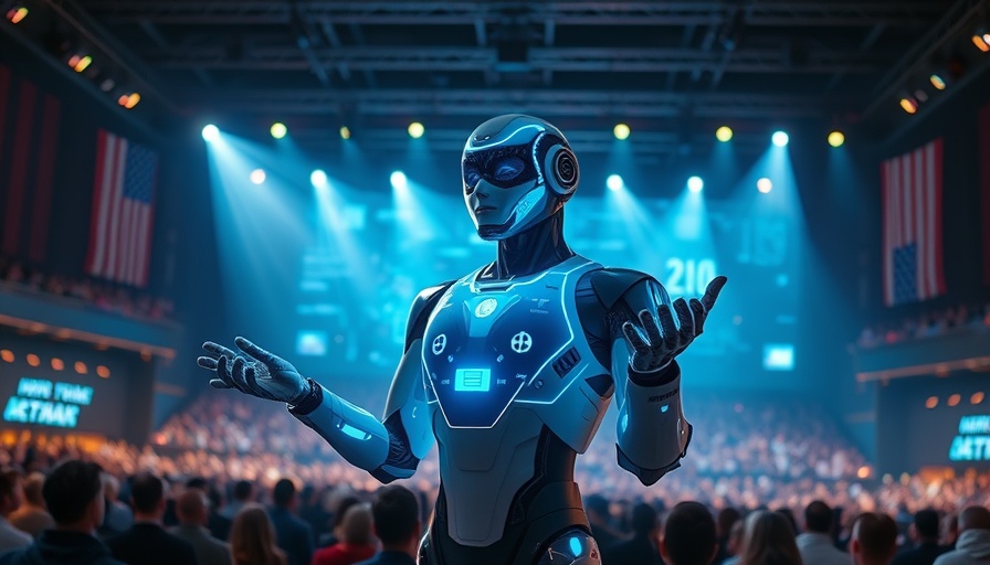 AI marketing software presentation showing humanoid AI interface on stage.