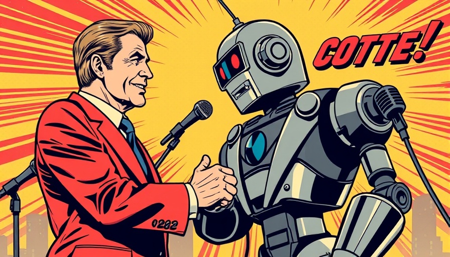Retro comic style art of human and robot handshake in AI politics.