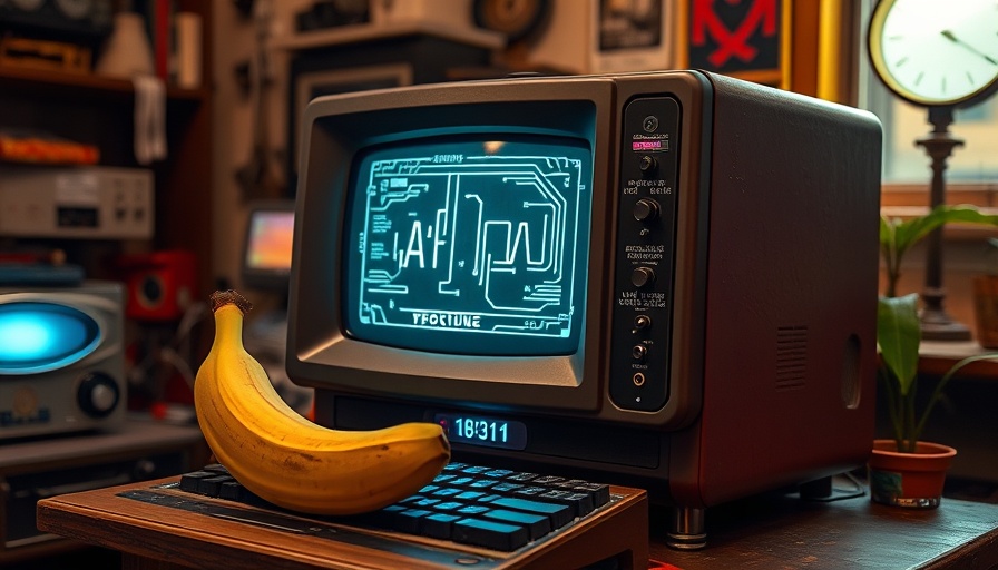 Retro computer and banana illustrating AI image generation use cases.