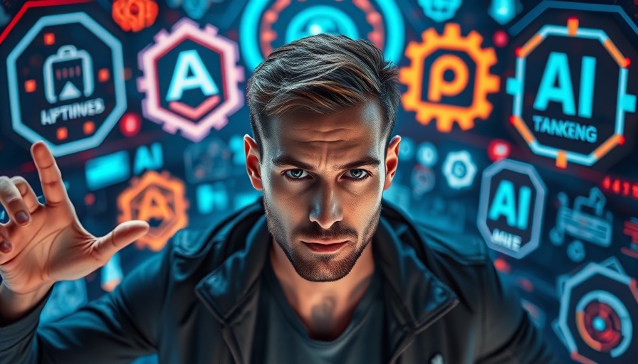 AI marketing concept with futuristic elements and logos.